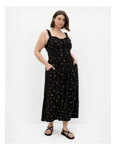 Plus Size Gracy Rosy Print Midi Dress in Black