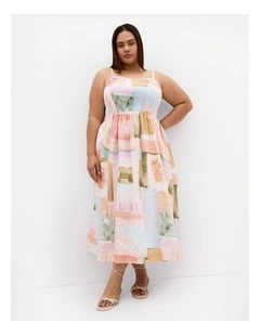 Plus Size Jolie Trance Print Shirred Midi Dress in Salmon