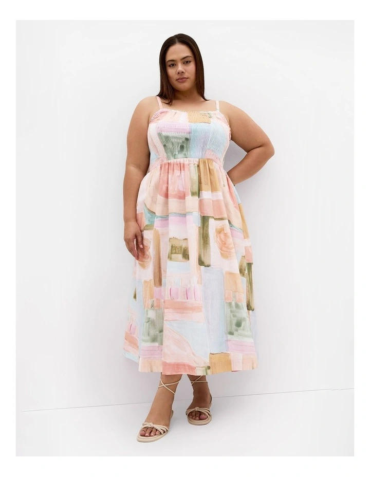 Plus Size Jolie Trance Print Shirred Midi Dress in Salmon image 1