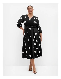Plus Size Kaiya Spot Belted Cotton Dress in Black