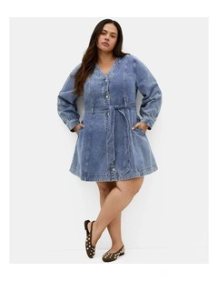Plus Size Demi Belted Denim Mini Dress in Mid Wash