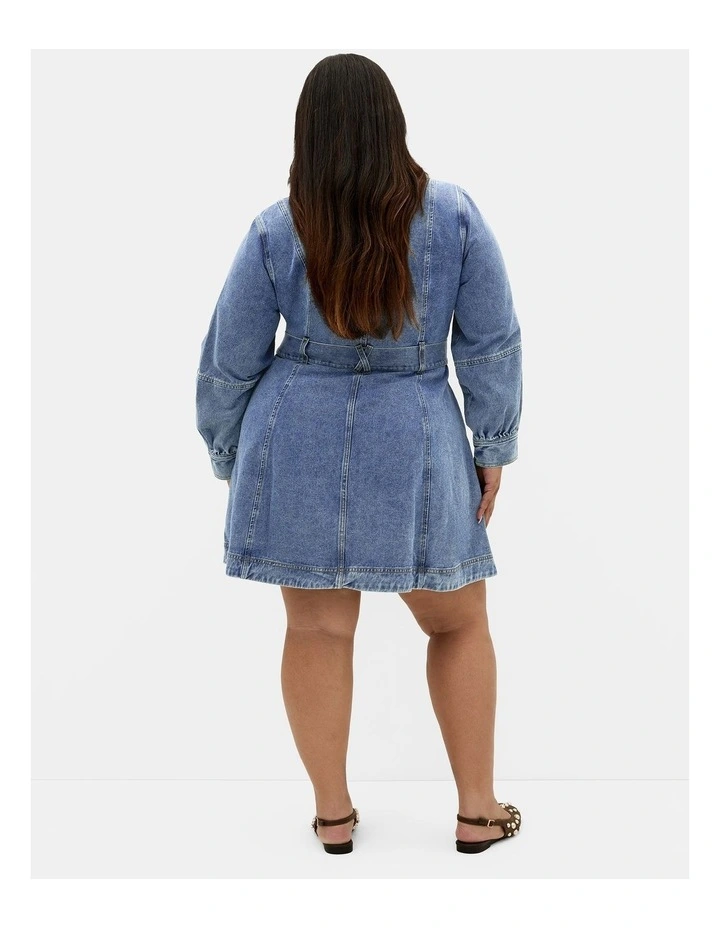 Plus Size Demi Belted Denim Mini Dress in Mid Wash image 2
