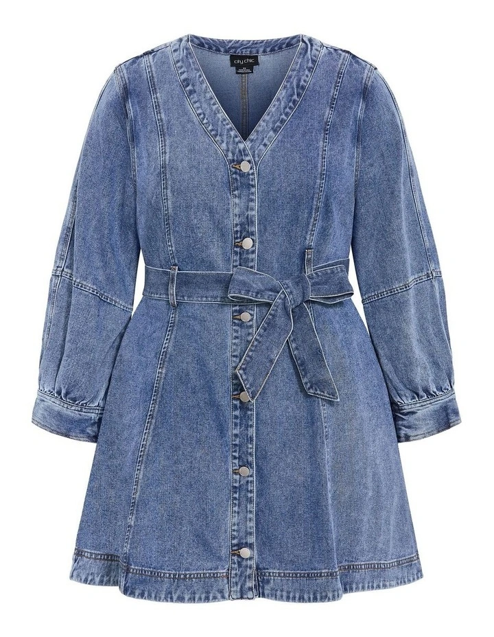Plus Size Demi Belted Denim Mini Dress in Mid Wash image 3