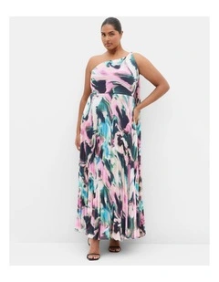 Plus Size Eloura One Shoulder Rippled Print Maxi Dress in Ultra Pink