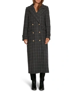Command Wool Blend Double Breast Maxi Coat in Check
