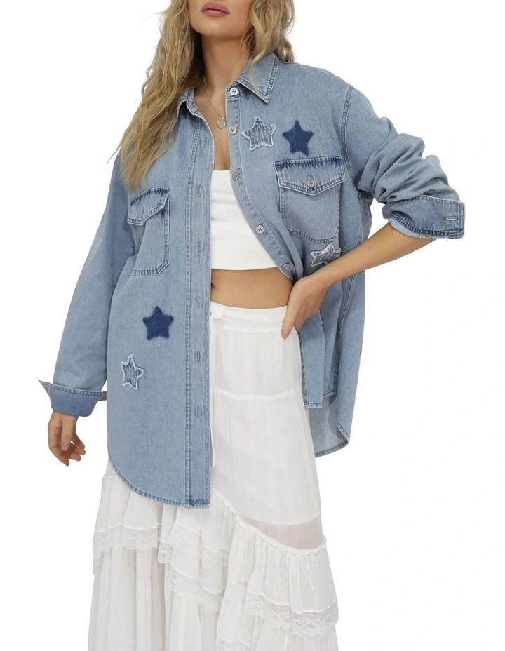 Stargazer Patch Detail Denim Shirt in Stonewash image 1