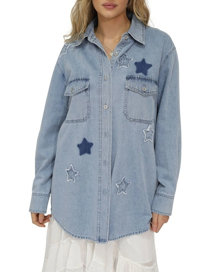 Stargazer Patch Detail Denim Shirt in Stonewash image 2