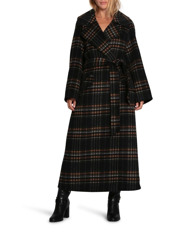 Heart To Heart Large Collar Maxi Coat in Black Plaid image 4