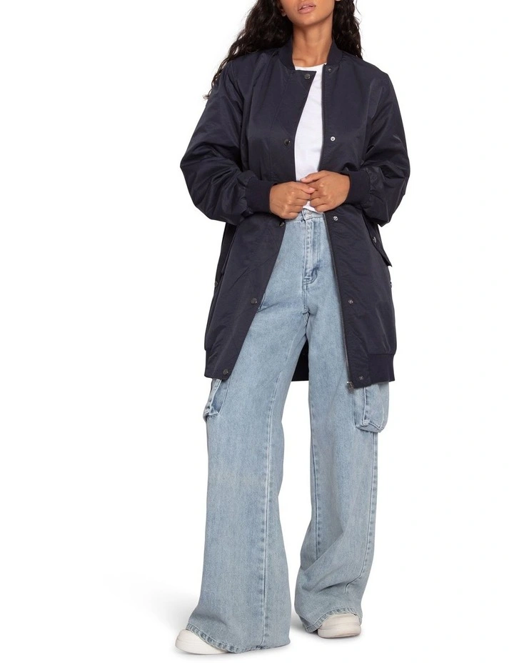Chasing You Long Bomber Jacket in Navy image 1