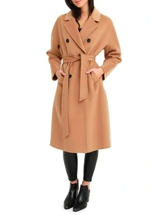 Boss Girl Double-Breasted Lined Wool Coat in Camel