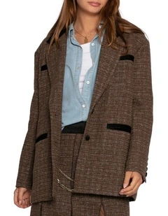 City Noir Tweed Oversized Blazer in Dark Khaki