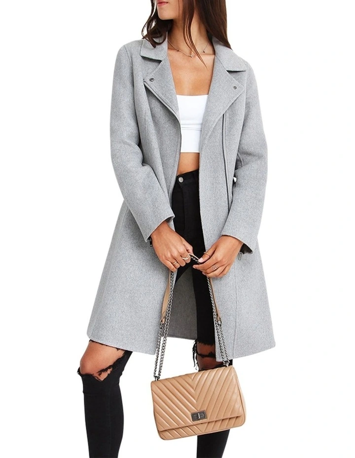 Last Chance Wool Blend Moto Coat in Grey Marle image 3