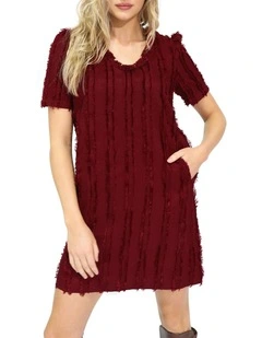 Solana Boho Fringe Shift Mini Dress in Burgundy