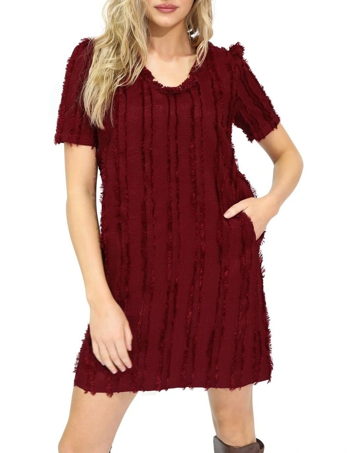 Solana Boho Fringe Shift Mini Dress in Burgundy image 1