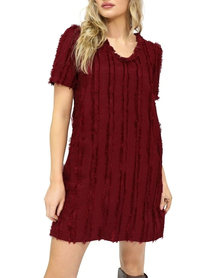 Solana Boho Fringe Shift Mini Dress in Burgundy image 6