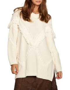 Tassel Line Fringe Oversized Sweater in Cream