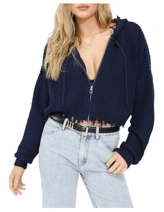 Another Love Fringe Zip Knit in Navy
