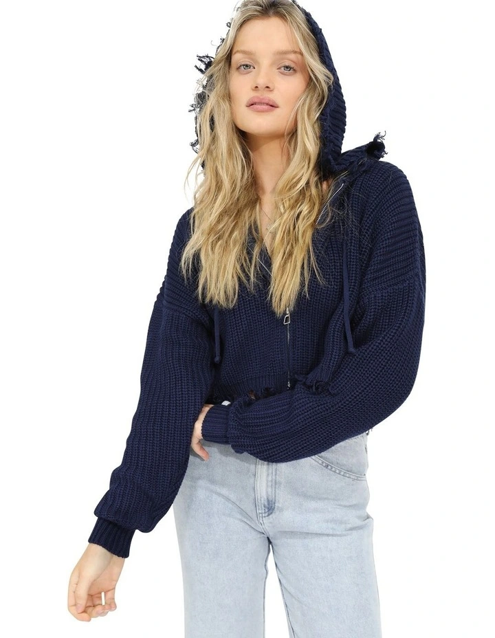 Another Love Fringe Zip Knit in Navy image 2