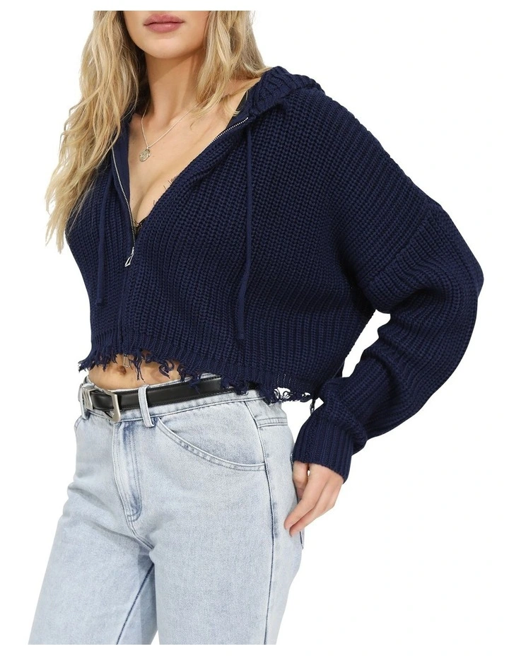 Another Love Fringe Zip Knit in Navy image 3