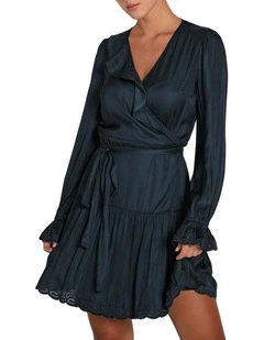 Wild Flower Embroidered Wrap Dress in Navy