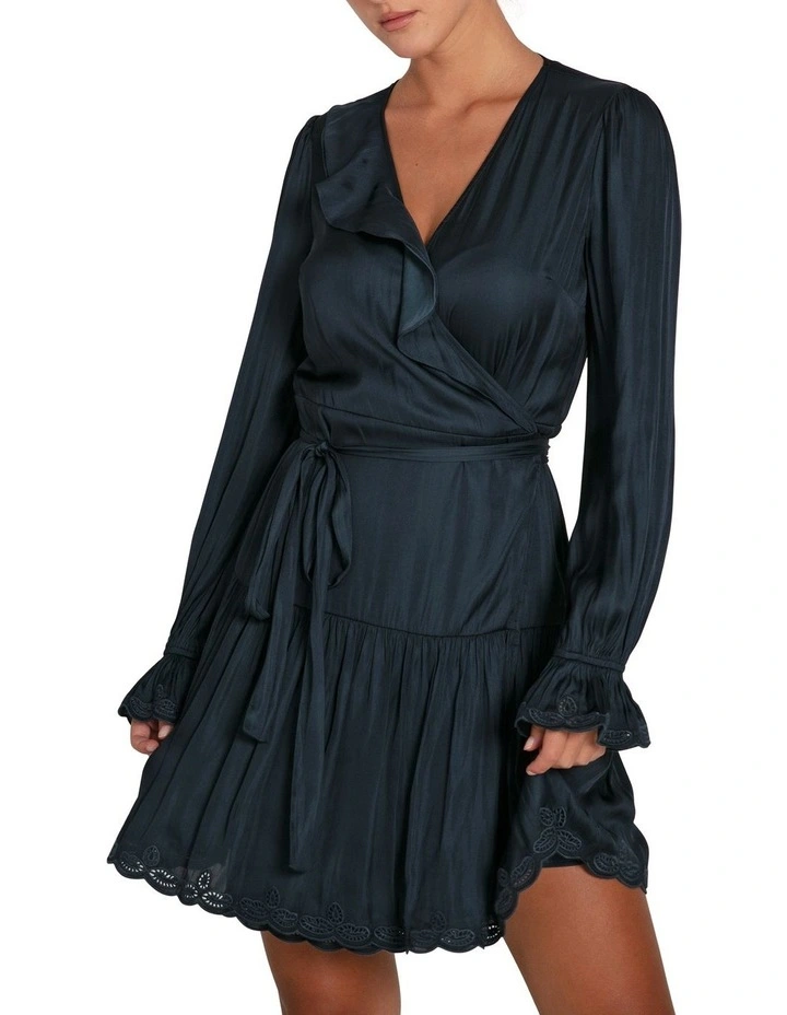 Wild Flower Embroidered Wrap Dress in Navy image 1