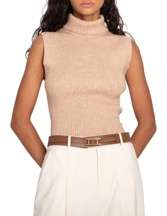 Equation Sleeveless Turtleneck Knit in Camel
