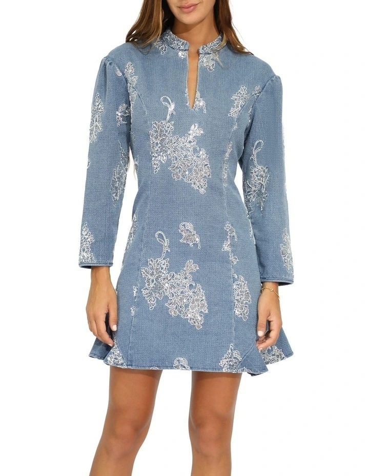 Heart You Denim Beaded Mini Dress in Medium Denim Wash image 1