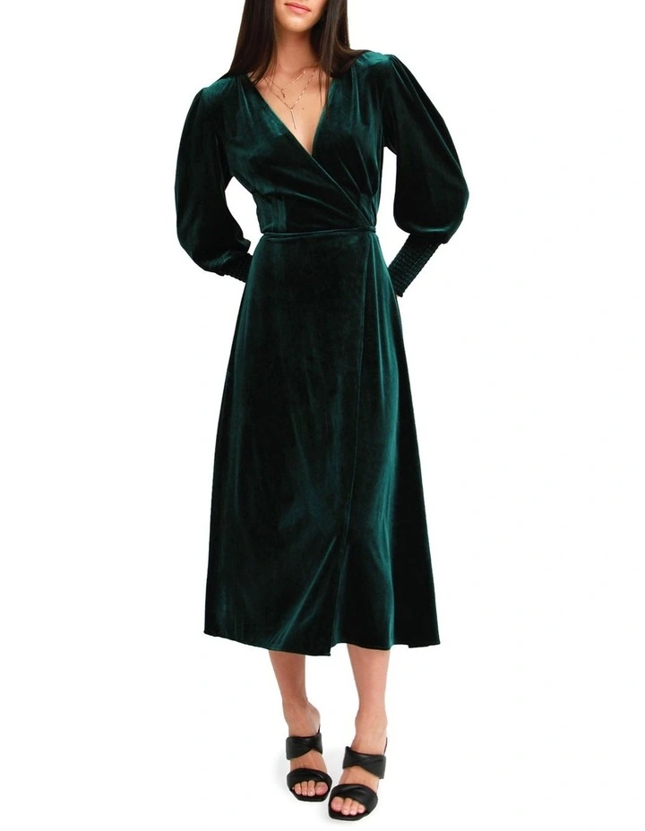 Current Mood Velvet Wrap Dress in Dark Green image 1