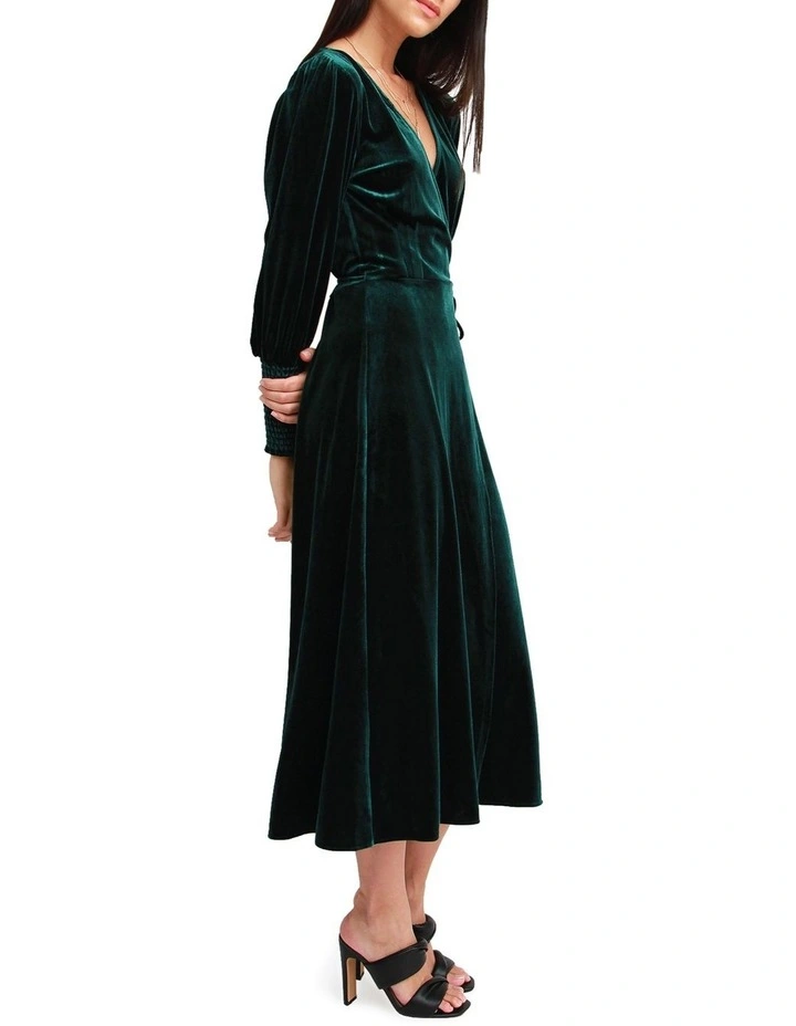 Current Mood Velvet Wrap Dress in Dark Green image 2