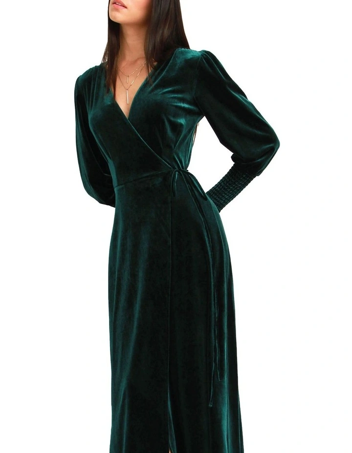 Current Mood Velvet Wrap Dress in Dark Green image 4