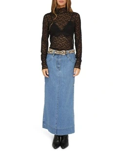 Edge Line Denim Maxi Skirt with Side Buttons in Mid Denim Wash