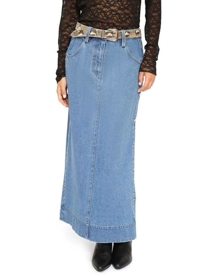 Edge Line Denim Maxi Skirt with Side Buttons in Mid Denim Wash image 2