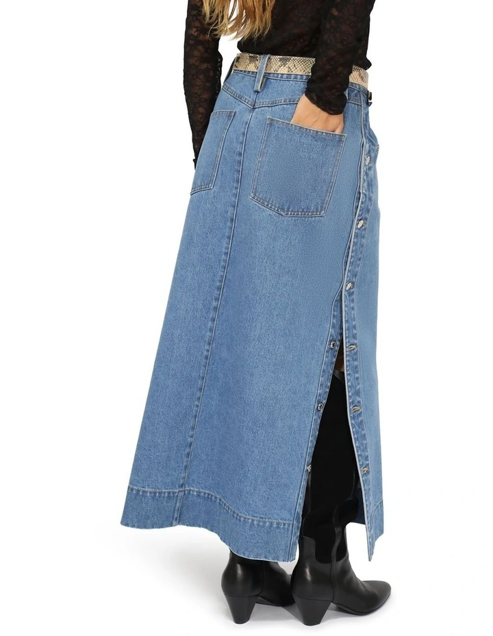 Edge Line Denim Maxi Skirt with Side Buttons in Mid Denim Wash image 3