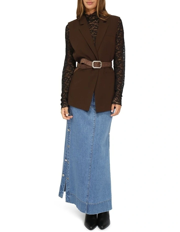 Edge Line Denim Maxi Skirt with Side Buttons in Mid Denim Wash image 4