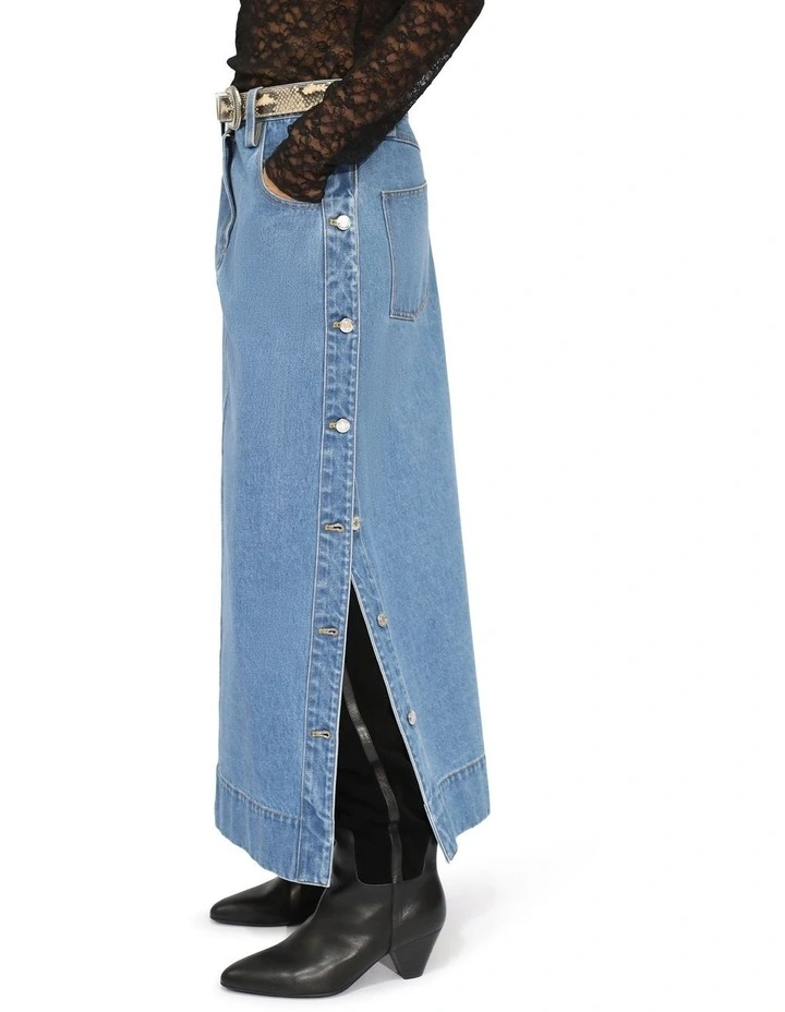 Edge Line Denim Maxi Skirt with Side Buttons in Mid Denim Wash image 6