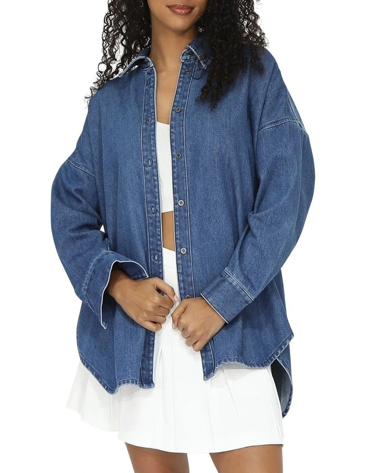 Into Him Oversized Denim Shirt in Mid Wash image 6