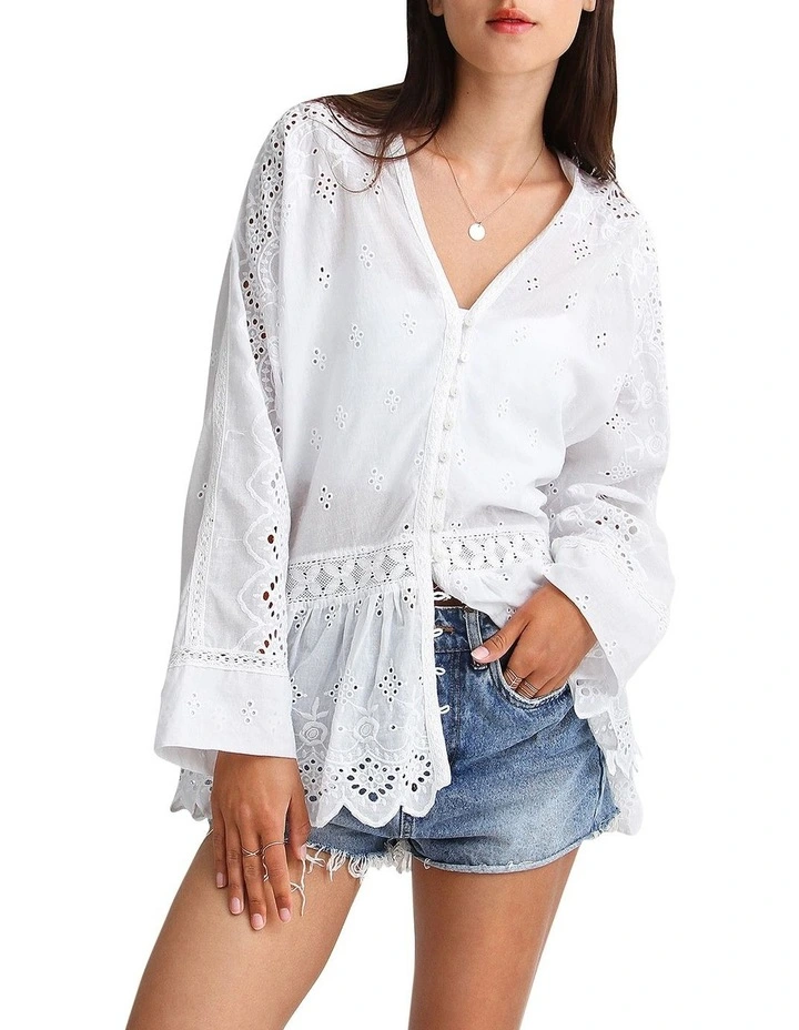 Unbutton Me Eyelet Button Down Shirt in White image 5
