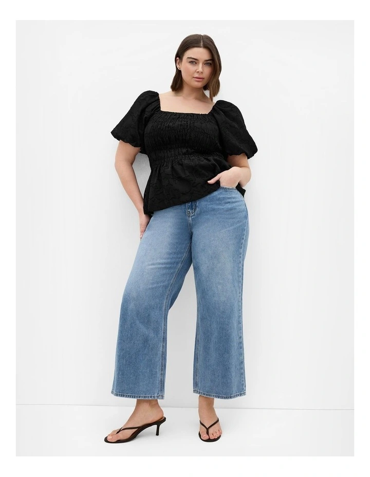 Plus Size Daniella Jacquard Puff Sleeve Top in Black image 1