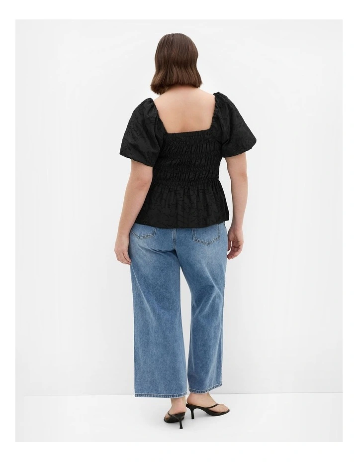 Plus Size Daniella Jacquard Puff Sleeve Top in Black image 2