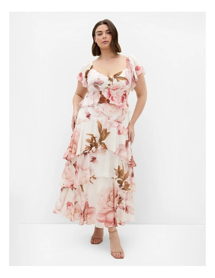 Plus Size Sienna Petal Print Tier Maxi Dress in Cream image 1