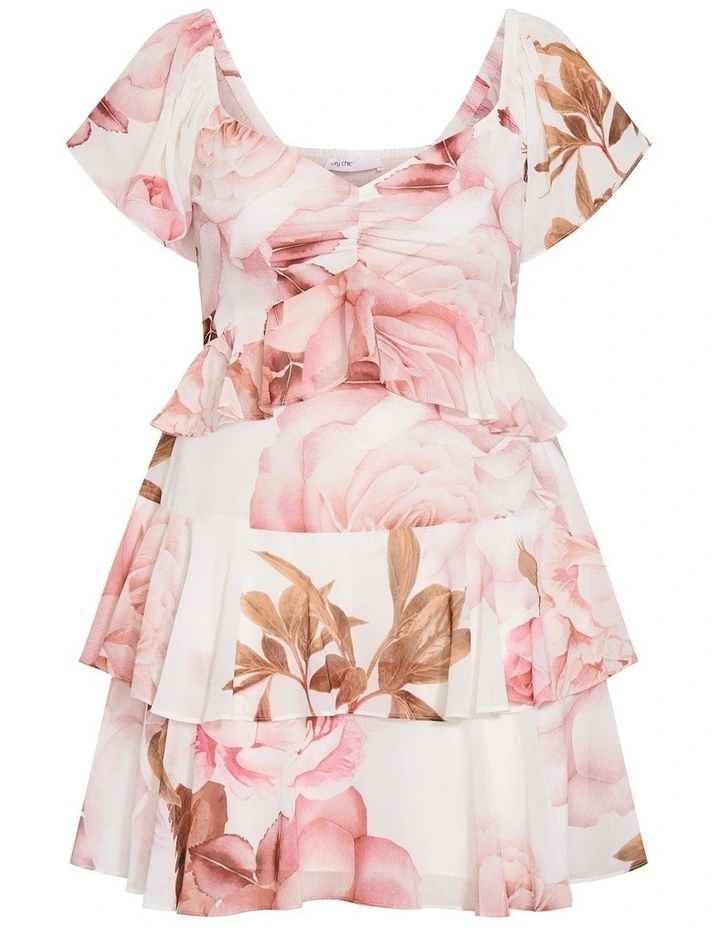 Plus Size Sienna Petal Print Tier Mini Dress in Cream image 3