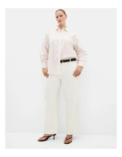 Plus Size Chiara Oversized Longline Stripe Cotton Shirt in Taupe
