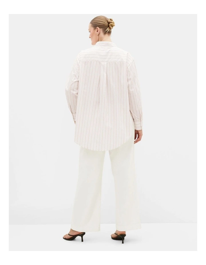 Plus Size Chiara Oversized Longline Stripe Cotton Shirt in Taupe image 2