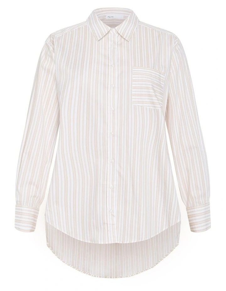 Plus Size Chiara Oversized Longline Stripe Cotton Shirt in Taupe image 3