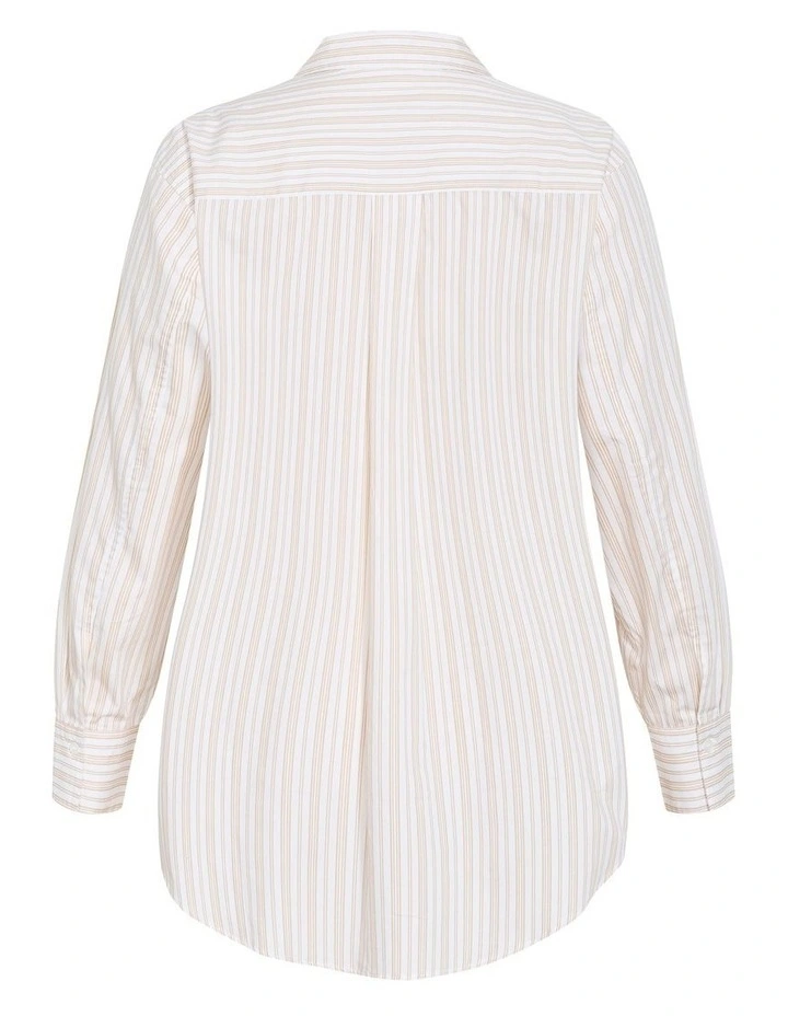 Plus Size Chiara Oversized Longline Stripe Cotton Shirt in Taupe image 4