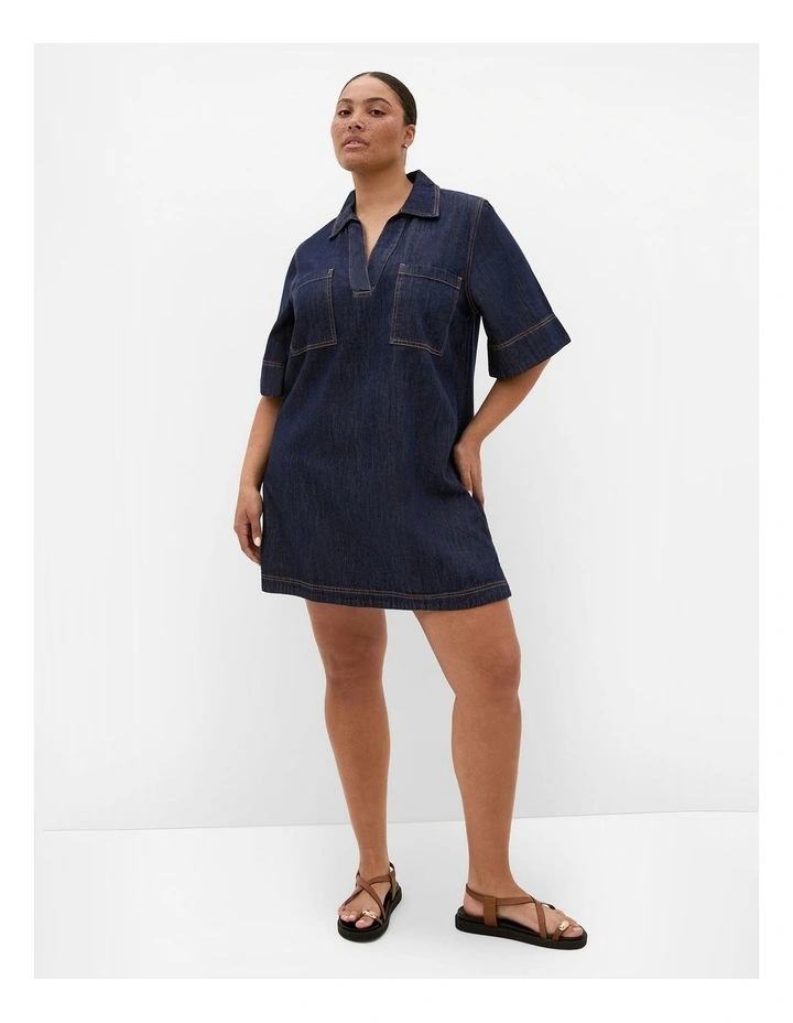 Plus Size Tiana Short Sleeve Denim Mini Dress in Dark Wash image 1