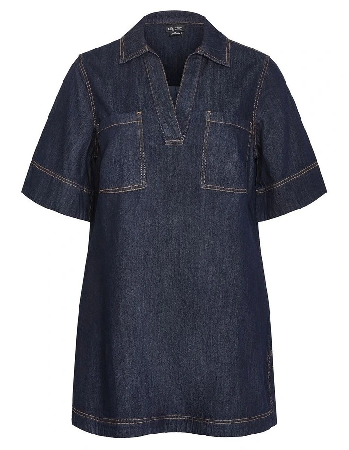 Plus Size Tiana Short Sleeve Denim Mini Dress in Dark Wash image 3