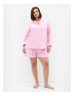 Plus Size Stripe Long Sleeve Pyjama Shirt in Pink