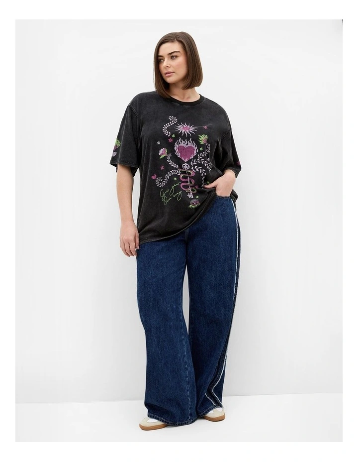 Plus Size Flaming Heart Cotton Tee in Charcoal Stone Wash image 1
