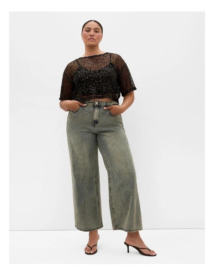 Plus Size Stardust Sequin Crop Top in Black image 1
